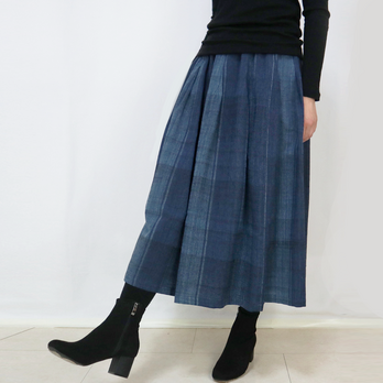 再6☆手織り綿絣ロングスカート、インディゴ縞絣、オールシーズンの画像