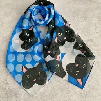 猫とドット柄のスカーフ(ブルー系)の画像