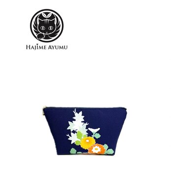 【現品1点限り‼︎】HAJIME AYUMU 高級和柄着物リメイクデザインポーチ 青 花柄の画像