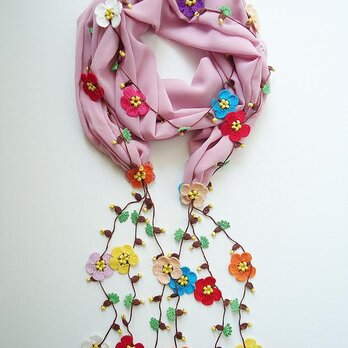 刺繍のお花付き　シフォンスカーフのロングラリエット　ミックスの画像
