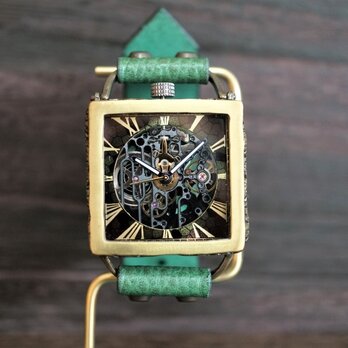 メカニックブラックスクエアAT　真鍮　グリーン 手作り腕時計の画像