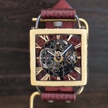 メカニックブラックスクエアAT　真鍮　ワインブラウン 手作り腕時計の画像