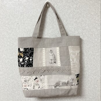 猫とリネンとレースのパッチワークトートバッグ