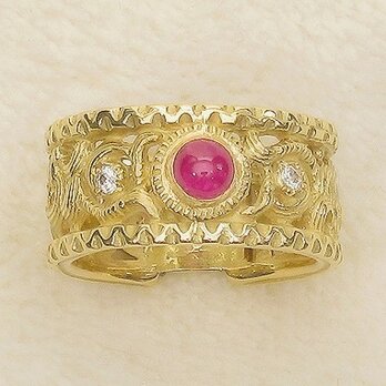 ルビーとK18の指輪（リングサイズ：11号、アンティーク調、再生ダイヤモンド、ふくりん留め）の画像