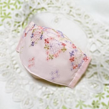 ♥♥お洒落な舟形マスク！！♥可愛い小花刺繍のピンクシフォンレース舟形マスク・・・^^♥♥の画像