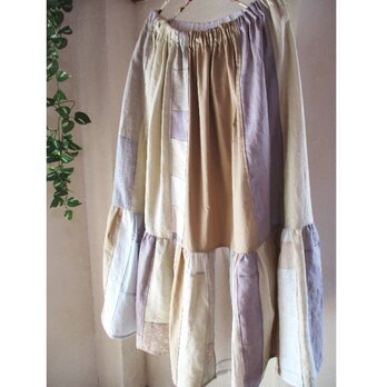 sold優しい色合い♥絵画なパッチワーク ティアードギャザーロングスカート リネン コットン ウエストゴム