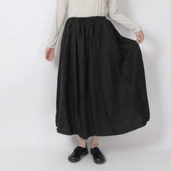 ◆14番手綾織りリネンギャザーロングスカート(ブラック)の画像