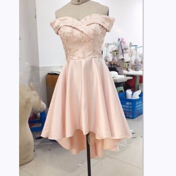 カラードレス ピンク ふんわりシフォン オフショル編み上げフィッシュテールエレガントパーティドレスの画像