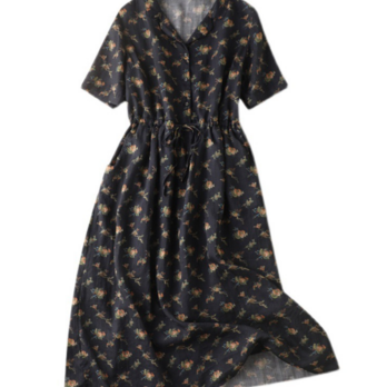 【NEW】★リネン100％ 黒の花柄スカート/レトロな半袖ドレス/Vネックスリムロングワンピースの画像