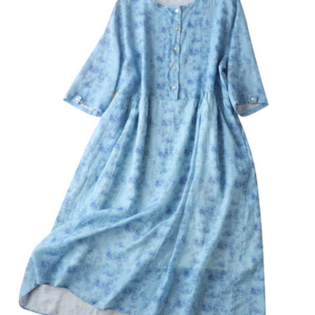【NEW】★ラミードレス/ゆったりとしたリネン半袖ロングスカート／ワンビス カーキ色の画像