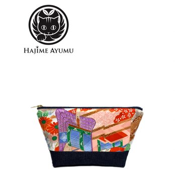 【現品1点限り‼︎】HAJIME AYUMU 高級和柄着物&高級児島デニムリメイクデザインポーチ 紫 紺の画像