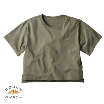 【カーキ】レディースオーバーTシャツ；クロワッサン刺繍付きの画像