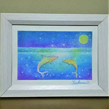 海とイルカのパステルアート　白いイルカと月明かり　パステル原画の画像
