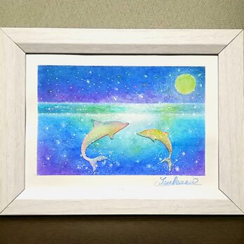 海とイルカのパステルアート　白いイルカと月明かり　パステル原画の画像