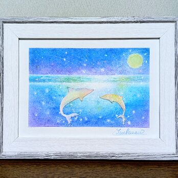 海とイルカのパステルアート　白いイルカと月明かり　パステル原画