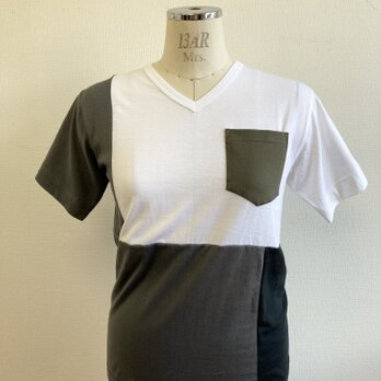 セール価格★リメイクTシャツ❤️バイカラー半袖Tシャツ　白黒カーキ（サイズM）の画像