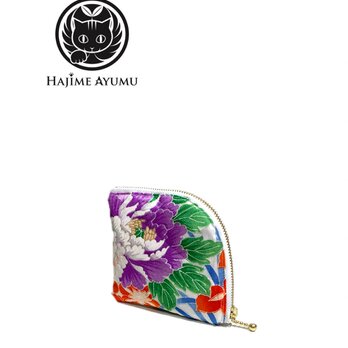 【現品1点限り‼︎】HAJIME AYUMU 高級和柄着物リメイクデザインL字財布 花柄 パープルの画像