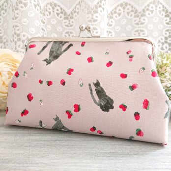 【再販】◆レトロネコといちごのがま口ポーチピンク*猫にゃんこイチゴ苺ストロベリーの画像