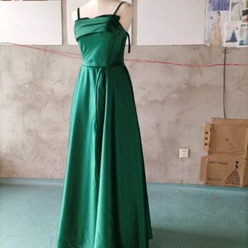 美品！パーティードレス 緑 キャミソール 光沢サテン ロングドレス シアーな美しさの画像