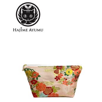 【現品1点のみ!!】HAJIME AYUMU 高級和柄付き着物帯リメイクデザインポーチ ピンク 花柄の画像