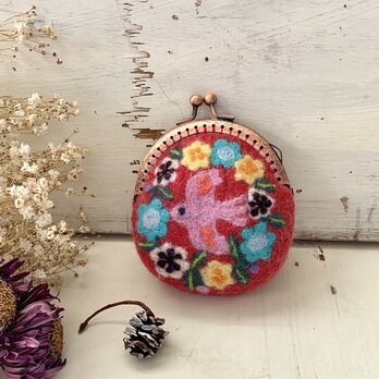 お花と小鳥の羊毛刺繍のコインケース（スカーレット）の画像