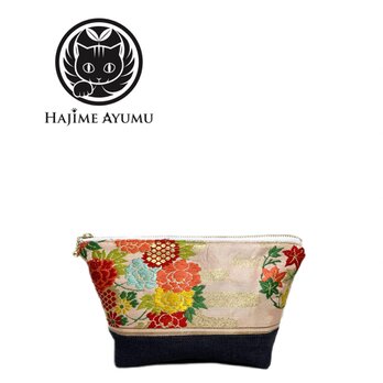 【現品1点限り‼︎】HAJIME AYUMU 高級花柄着物帯&高級児島デニムリメイクデザインポーチ ピンク 紺の画像