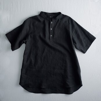 【Lサイズ】【wafu】自分用に3枚いきます。半袖リネンスタンドカラーシャツ 男女兼用/黒色 t038k-bck1-Lの画像