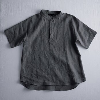 【Lサイズ】【wafu】自分用に3枚いきます。半袖リネンスタンドカラーシャツ 男女兼用/鈍色 にびいろ t038k-nib1-Lの画像
