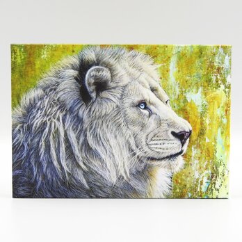 絵画パネル 「白き王者」ホワイトライオン A5サイズ 全面ニス塗装の画像