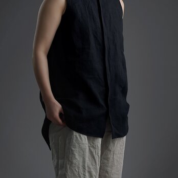 【wafu】雅亜麻 linen shirt 　丸襟 比翼 シャツ  インナーとしても/黒色 p018a-bck1の画像