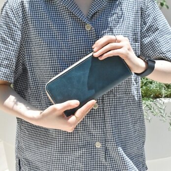 姫路産 馬革 ヌメ革 オールレザーで仕上げた長財布 L型 シュリンク加工 ネイビー JAW004の画像