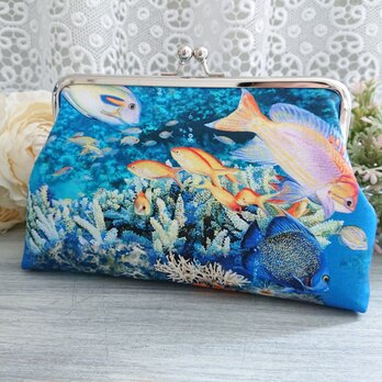 ◆海の世界の癒しブルーのがま口ポーチ*熱帯魚海水魚サンゴ珊瑚イソギンチャクの画像