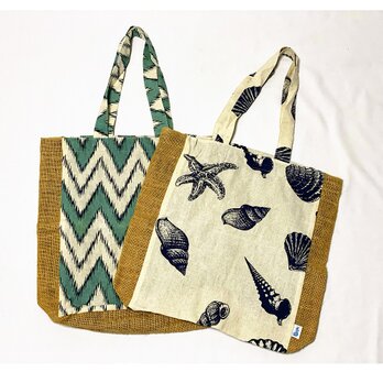 50％OFF❤買い物に♪スクールバッグに♪通勤用に♪爽やか軽量❤リネン（麻）トートバッグ:ギザキザタパ柄or南国マリン柄