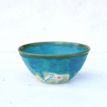 ターコイズブルー釉と桜と流水紋様の鉢（大）イエローの画像