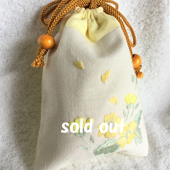 花刺繍の巾着・レモンイエローの画像