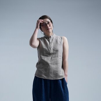 【wafu】雅亜麻 linen shirt スタンドカラー リネンシャツ インナーにも/はしばみ色 p005b-hbm1の画像