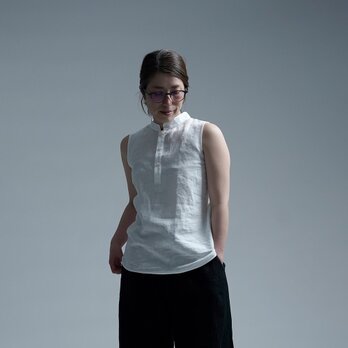 【wafu】雅亜麻 linen shirt スタンドカラー リネンシャツ インナーにも/白色 p005b-wht1の画像