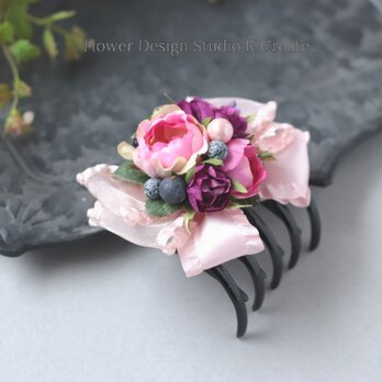 フリルリボンと紫とピンクの薔薇のバンスサイドクリップ　リボン　ヘアクリップ　ロリータ　パールの画像