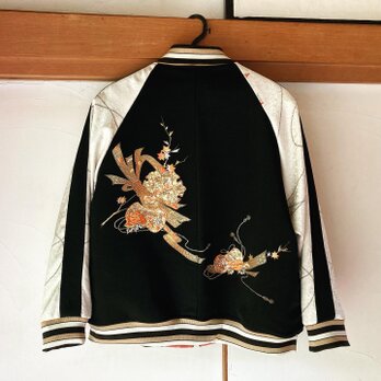 スカジャン　リバーシブル　着物リメイク　鼓刺繍　呉服リメイクの画像