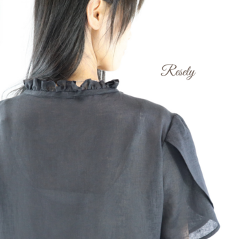 S～5L選べる7サイズ　マキシワンピース　麻　フリル衿　チューリップ袖　黒の画像
