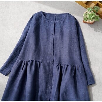 リネン100%ポケット付き総刺繍ゆったり着られる前開き大人可愛い春ワンピース♪