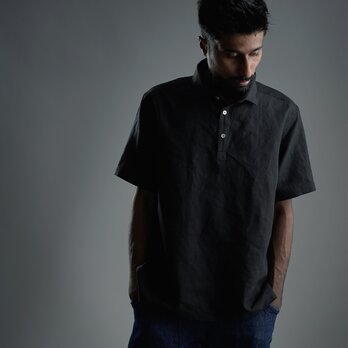 【Lサイズ】【wafu】Linen Polo Shirt ポロシャツ 超高密度リネン /黒色 t053a-bck1-Lの画像