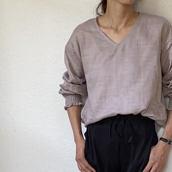 【今期完売】国産ダブルガーゼ　Vネック袖シャーリングシンプルプルオーバー　