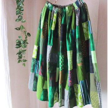 Green♥絵画なパッチワーク ロングギャザースカート リネン コットン ウエストゴムの画像