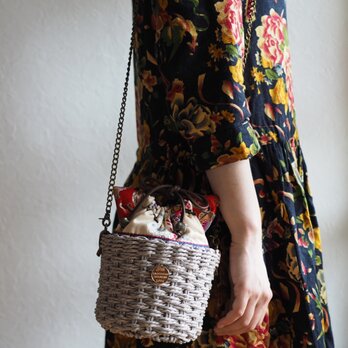 可愛い猫型台湾花柄の巾着かごバッグ(一点作品/送料無料)の画像