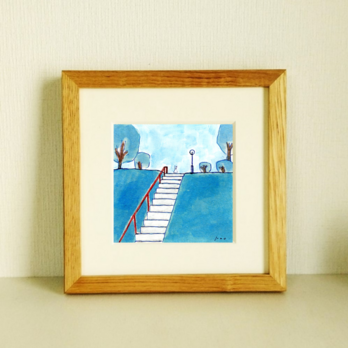 原画「夕方の公園で」 ※木製額縁入り　(18×18㎝フレーム）の画像