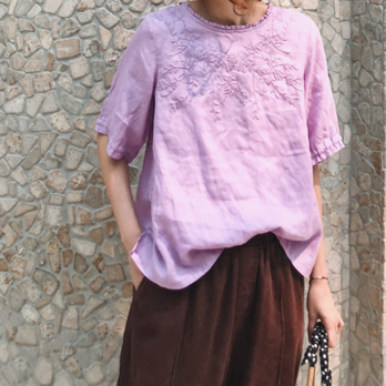 ☆新作 刺繡ラウンドネックスリーブシャツ、綿とリネン ファション ゆったり 秋の画像