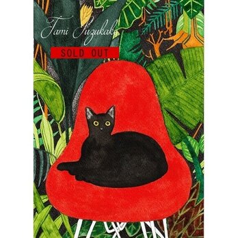 水彩画・原画「黒猫と熱帯植物」の画像