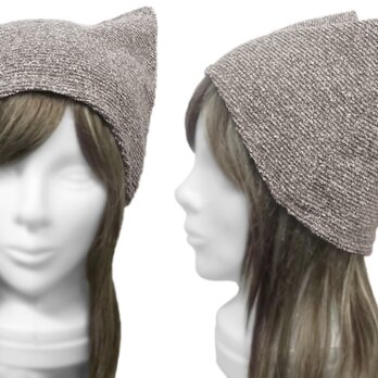シンプル 猫耳帽子◆ジャガード織ネップニット／杢ブラウン　◇ゆったりサイズ・長いシーズン着用◇の画像