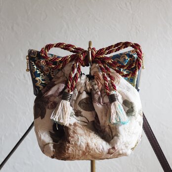 ジャガード織猫型巾着ショルダーバッグ(一点作品/送料無料)の画像